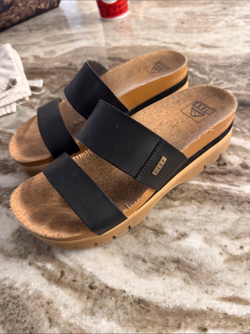 Reef Women’s Black Double-Strap Slide Mules with Tan Platform